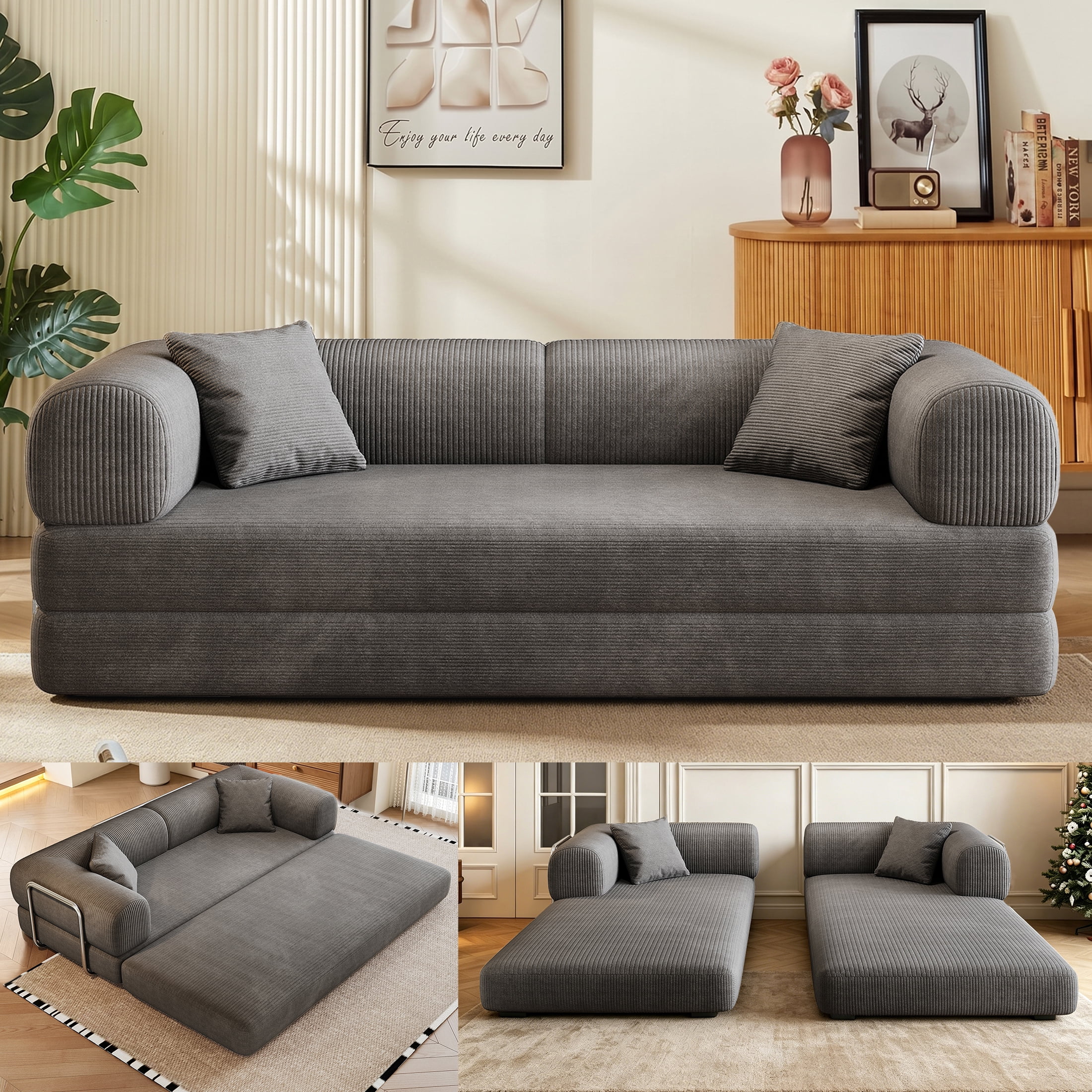 ANPPORT Convertible Sleeper Sofa Bed with Cylindrical Pillow, Corduroy Folding Mattress Couch with Fixed-Shape Frame, Floor Sofa Lounge Couch, Grey