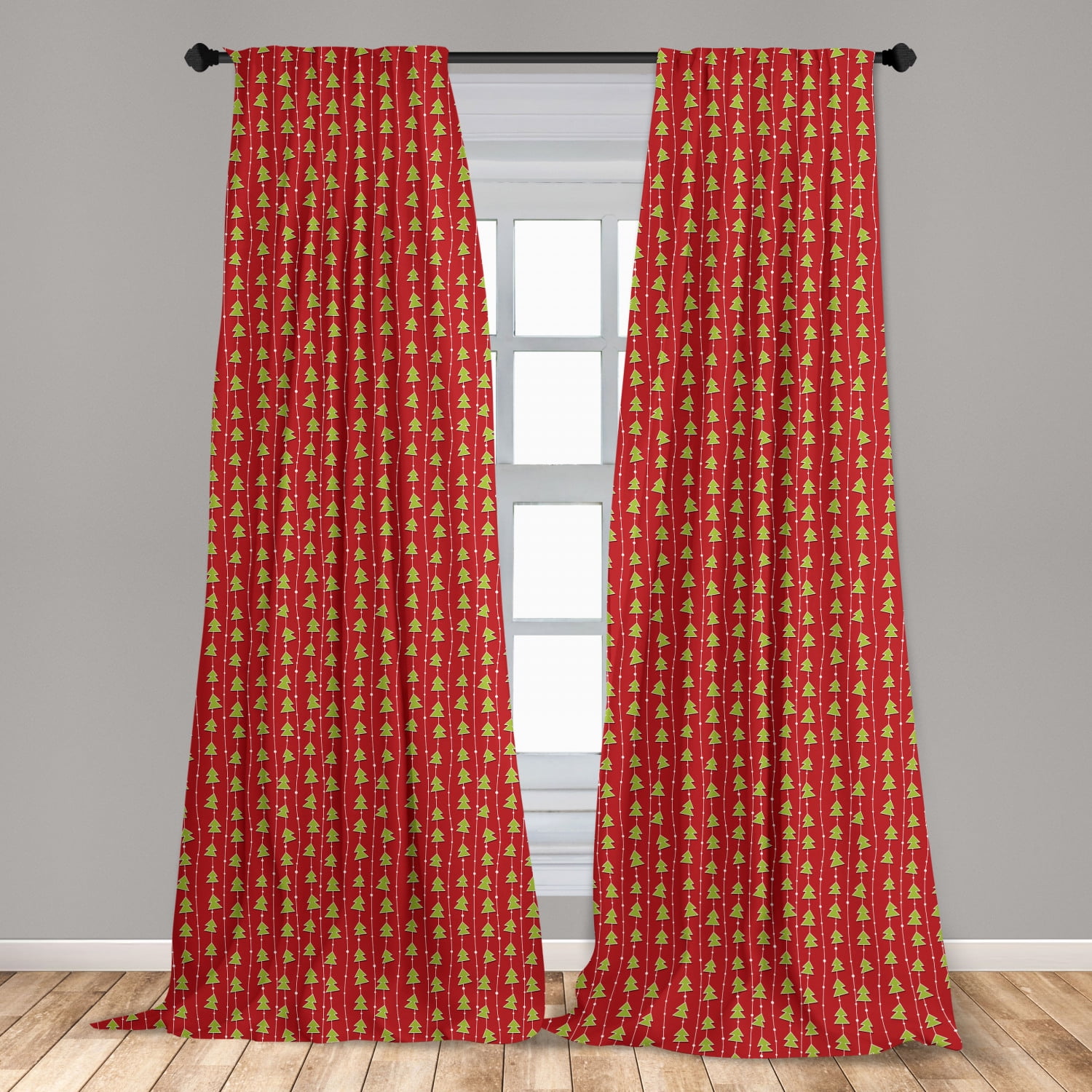 Christmas Curtains 2 Panels Set, Coniferous Tree of New Year's Eve Line