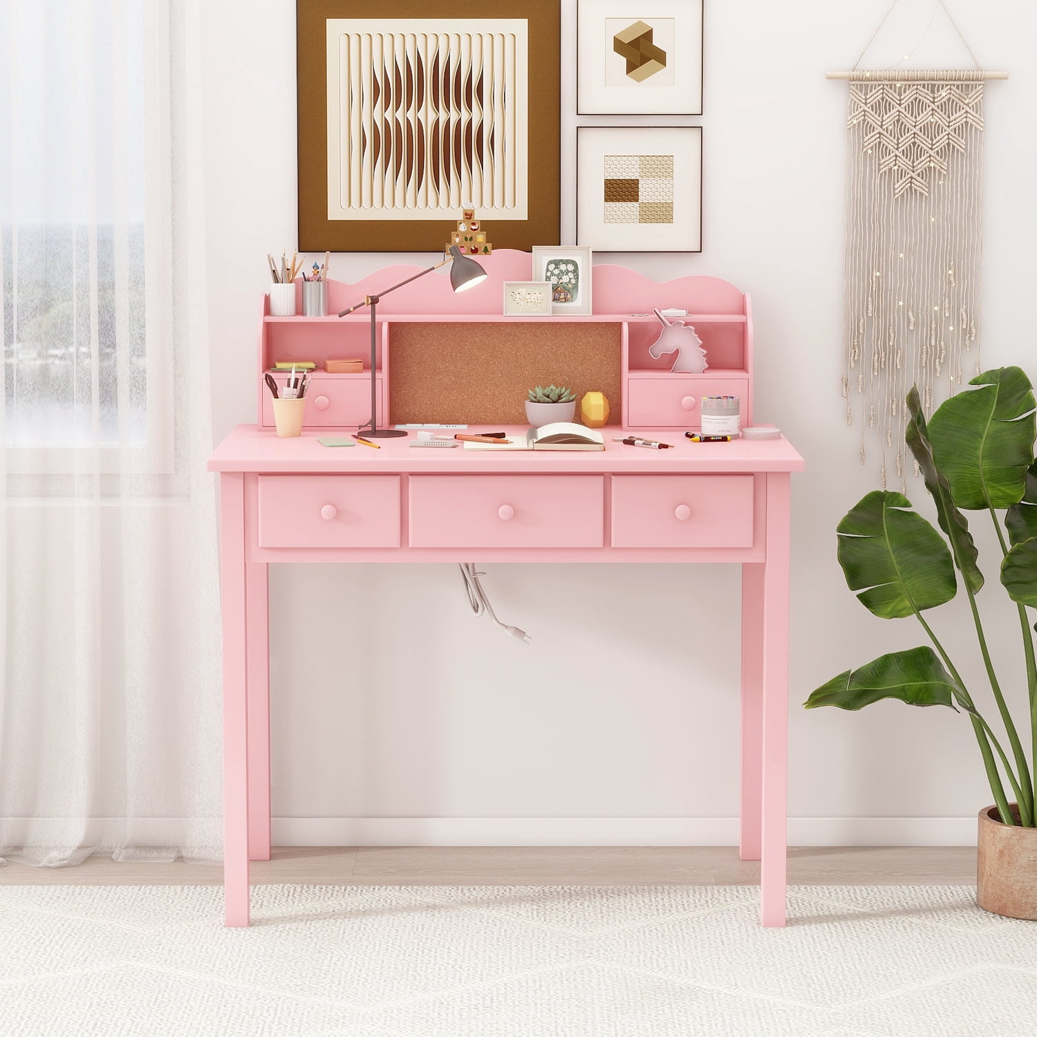LAZZO 36" Writing Desk with Detachable Hutch & Drawers, Home Office Study Desk, Pink