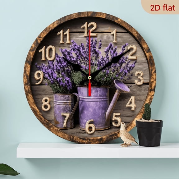 2D Flat 1pc 10Inch Wooden Non-Electric 2D Printed, Lavender-Themed Wooden Round Wall Clock for Farmhouse Style Home Decor Kitchen, Bedroom, Office, Easy to Read, No Ticking Sound