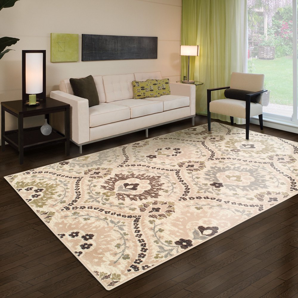 Oriental Traditional Floral Damask Indoor Area Rug, Ivory, 9' x 12