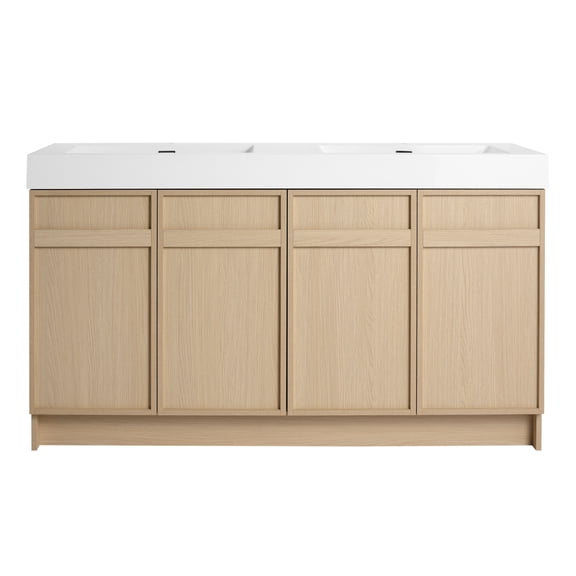 AVAXA Contemporary 60" Freestanding Bathroom Vanity with White Double Resin Sink & Soft-Close Doors in Oak Finish