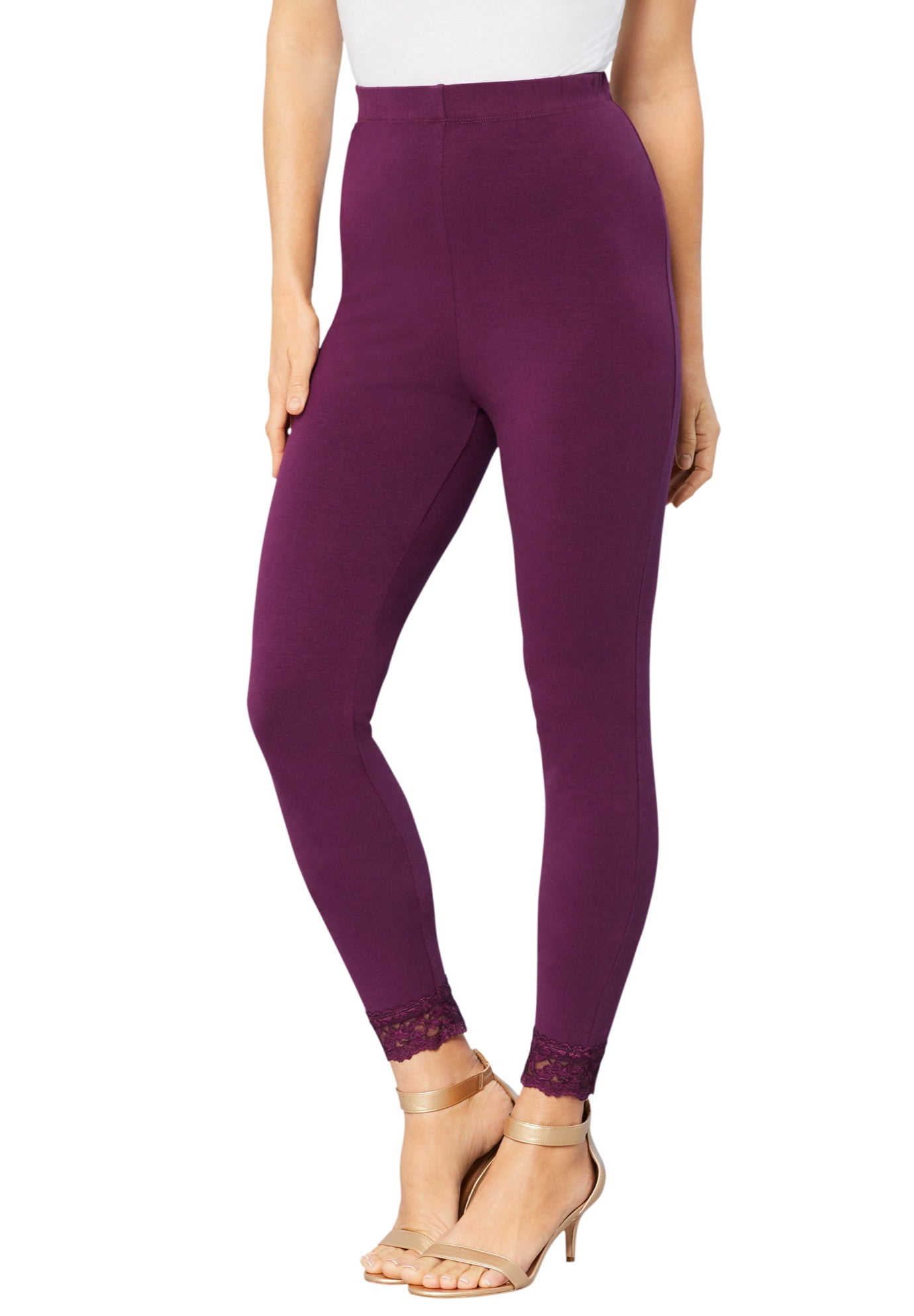 Roamans Women's Plus Size Lace-Trim Essential Stretch Capri Legging Activewear Workout Yoga Pants 