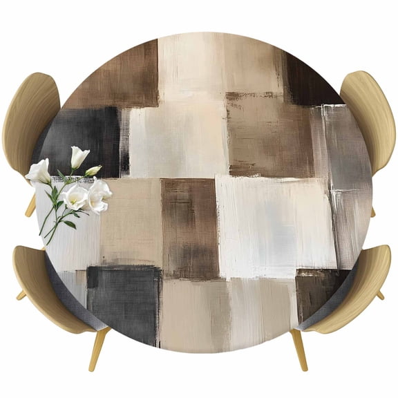 Black Brown Abstract Round Tablecloth 45-54 Inch Round Fitted Table Cloth with Elastic Edge, Oil Painting Color Blocks Waterproof Table Cover Protector for Outdoor Picnic Party Dining