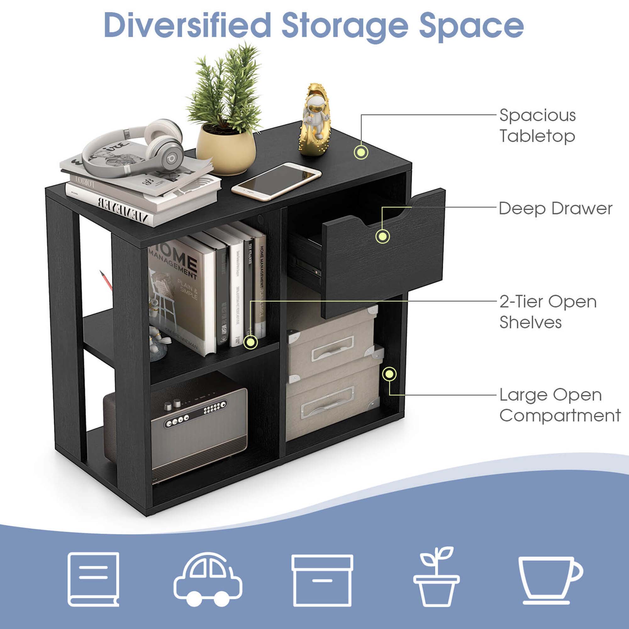 Costway 2 PCS 3-Cube Bookcase Organizer with 2-tier Wooden Storage Shelf & Pull-out Drawer