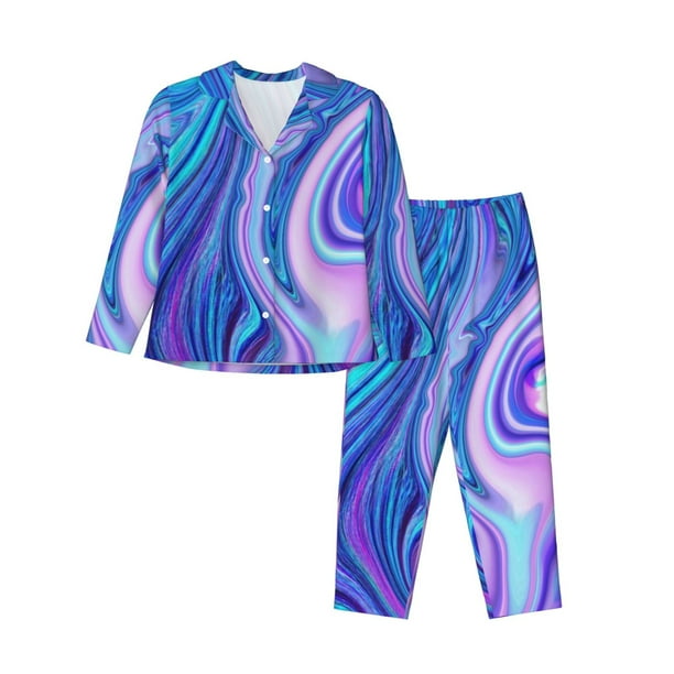 Balery Swirl Blue And Purple Conjunto de Pijama con Estampado para Mujer, Conjunto de Dos Piezas con Manga Larga, Ropa de Dormir Suave con Bolsillos, Pijamas Cómodos-Medium