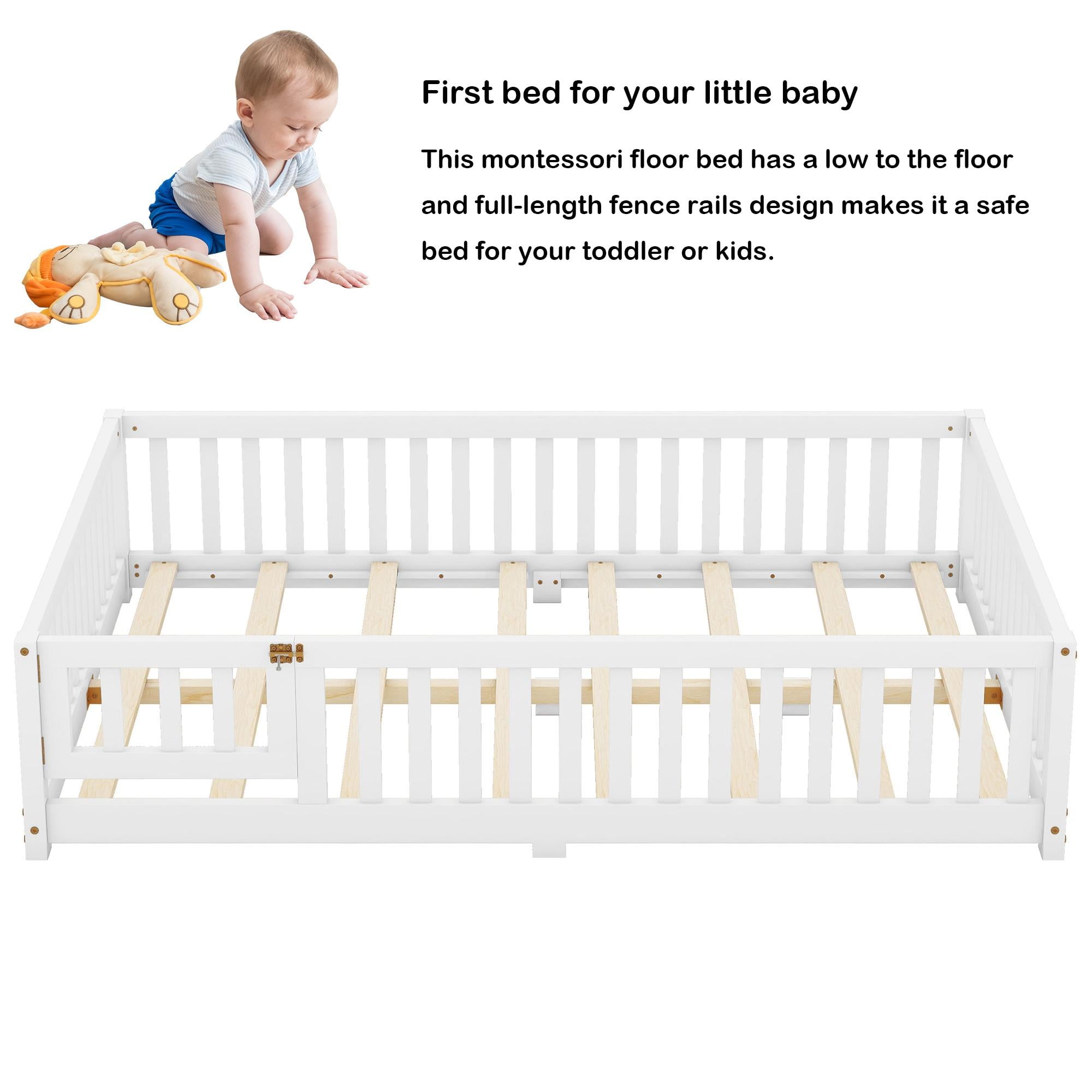 Bellemave Floor Bed with Door and Fence, Full Floor Bed with Bed Slats Sturdy Wood Floor Bed Montessori Bed Frame, Full Size Floor Bed with Fence, White