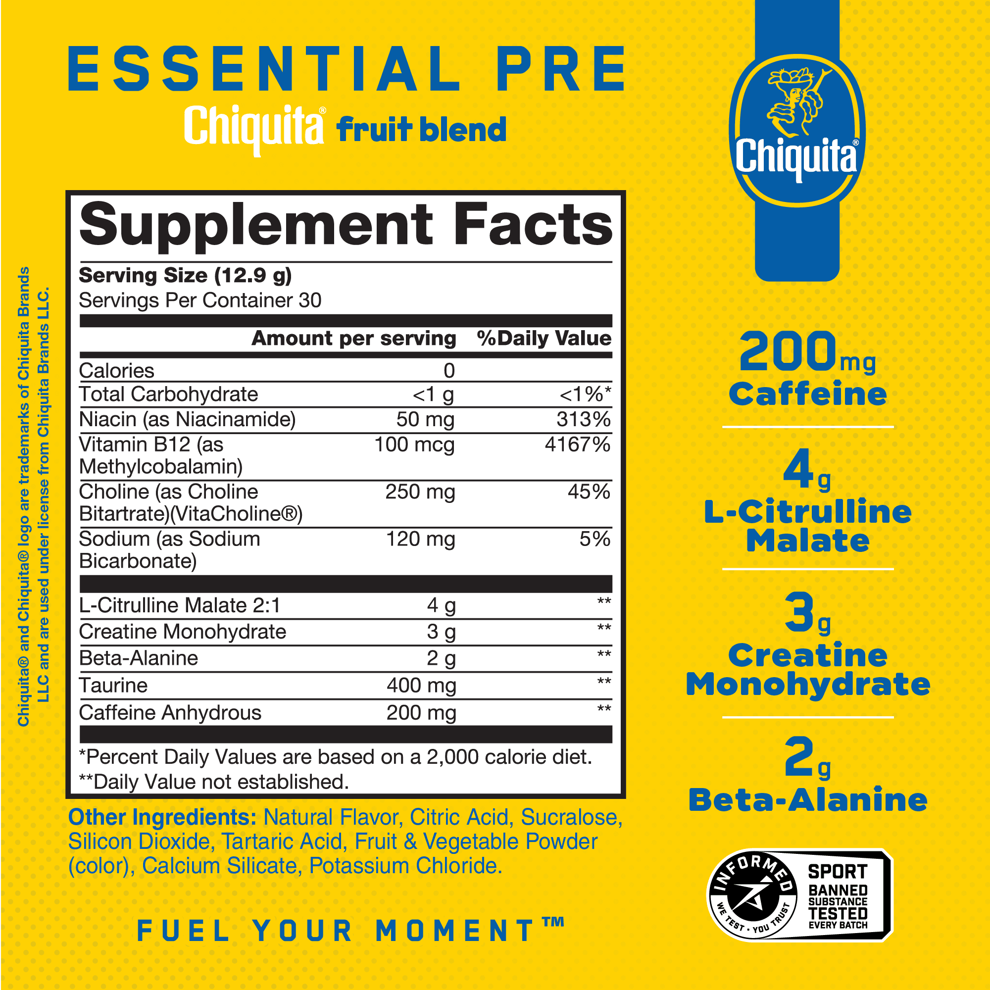 AN Supps Essential PRE Workout Powder Fruit Blend, 200mg Caffeine, No Sugar, Vegan, Gluten & Soy Free, Chiquita® Natural Flavor, Pre-Workout Energy Drink – 30 Servings
