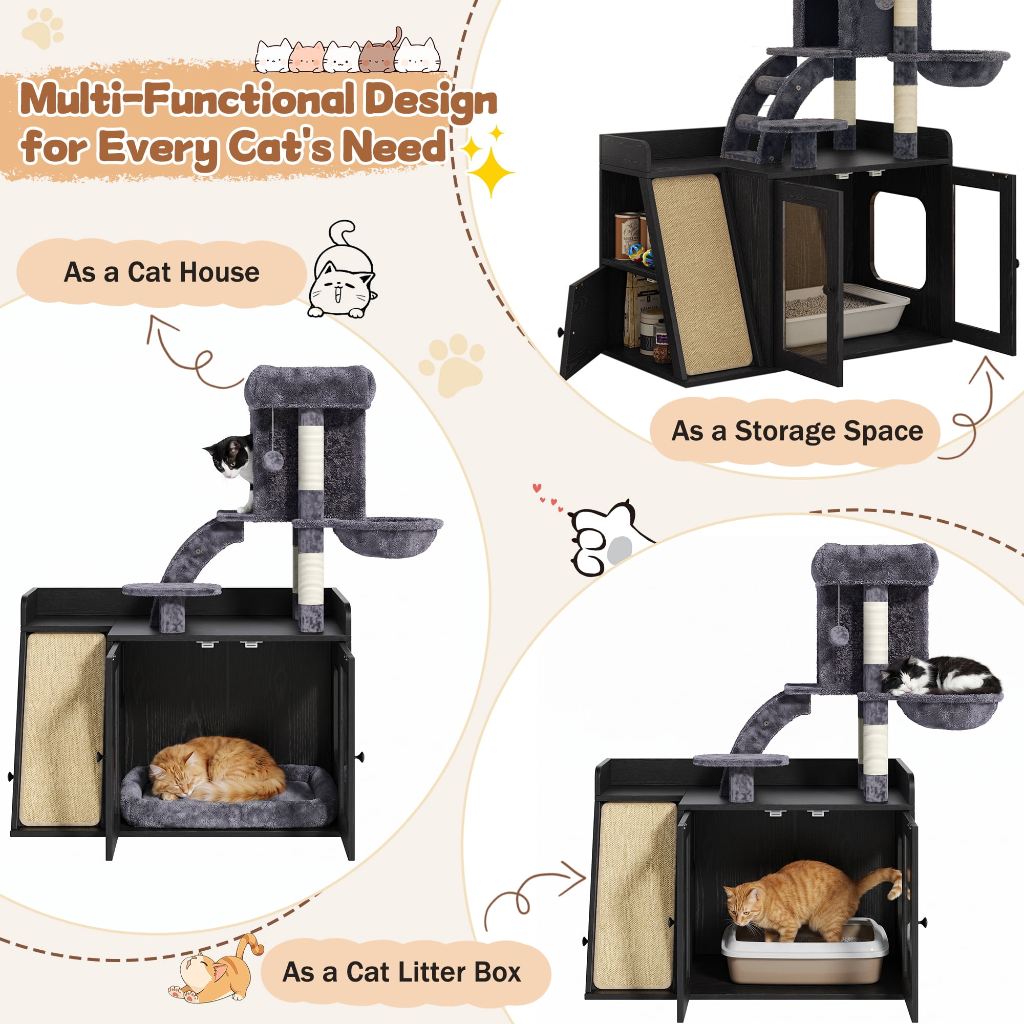 Euroco Cat Tree with Litter Box Enclosure, All-in-one Cat Tower with LED Light,Sisal Scratching Post,Hammock,House,Platform & Storage Space,Hidden Litter Box Furniture with Condo,Black