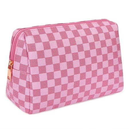 APPIE Travel Makeup Bag for Women Checkered Cosmetic Pouch Vegan Leather Large Retro Toiletry Bag (Pink)