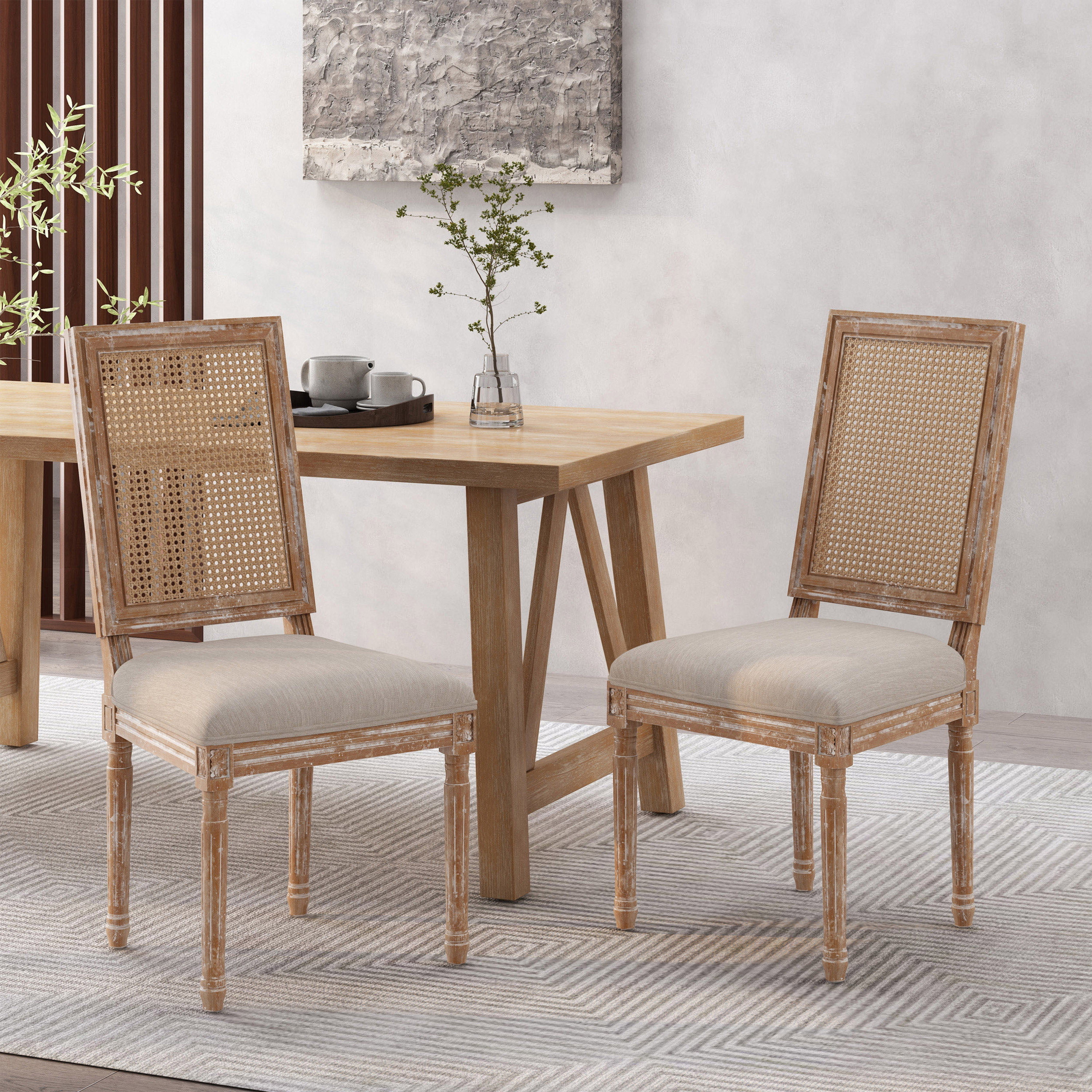 Euroco Set of 2 French Country Dining Chairs with Cane Backrest, Upholstered Seat, and Weathered Rubberwood Frame, Vintage Farmhouse Side Chairs