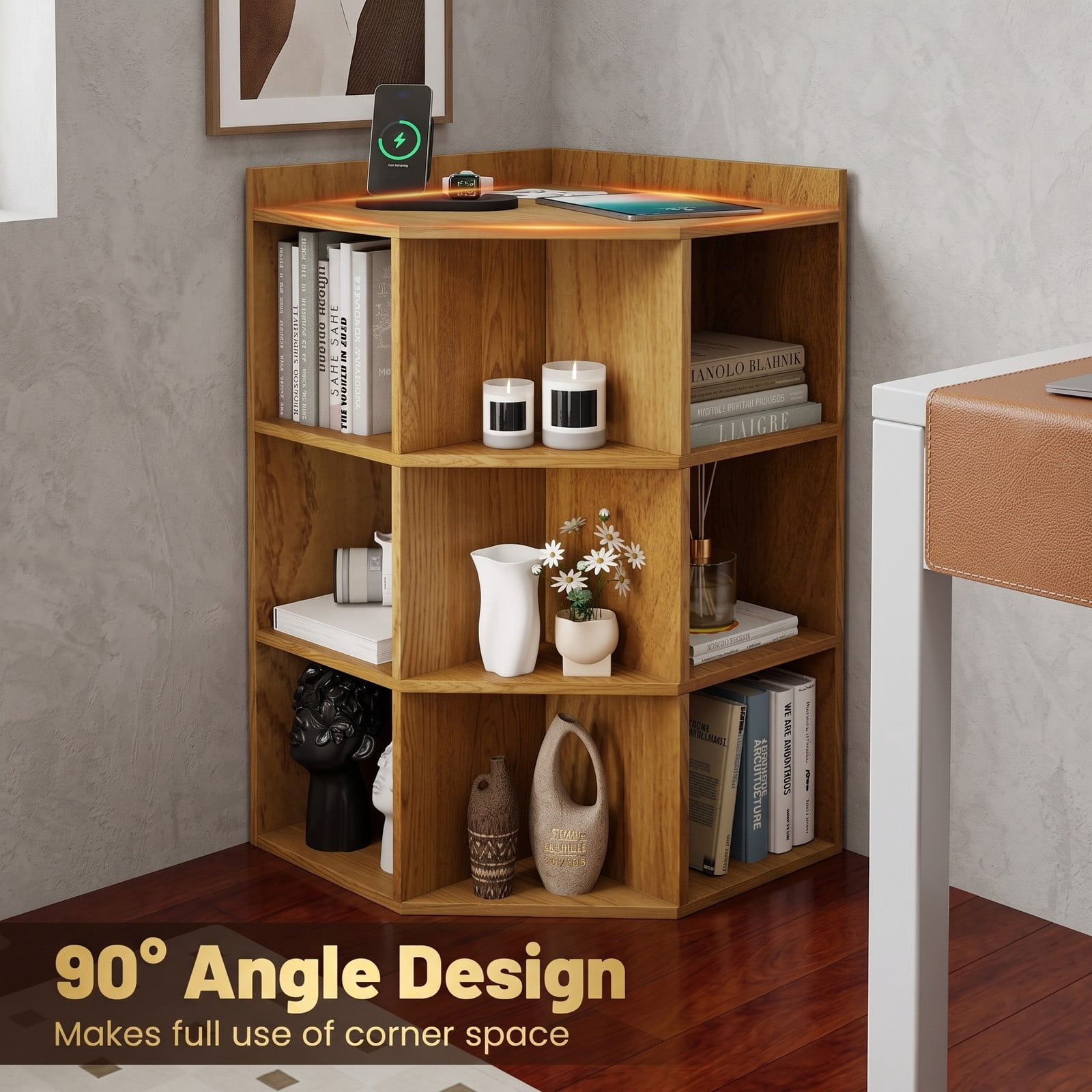 Furnibear 3-Tier Corner Cabinet with Charging Station, Corner Bookshelf Storage Organizer with 4 Outlets USB & Type-C Ports, 9-Cube Open Display Shelf for, Natural