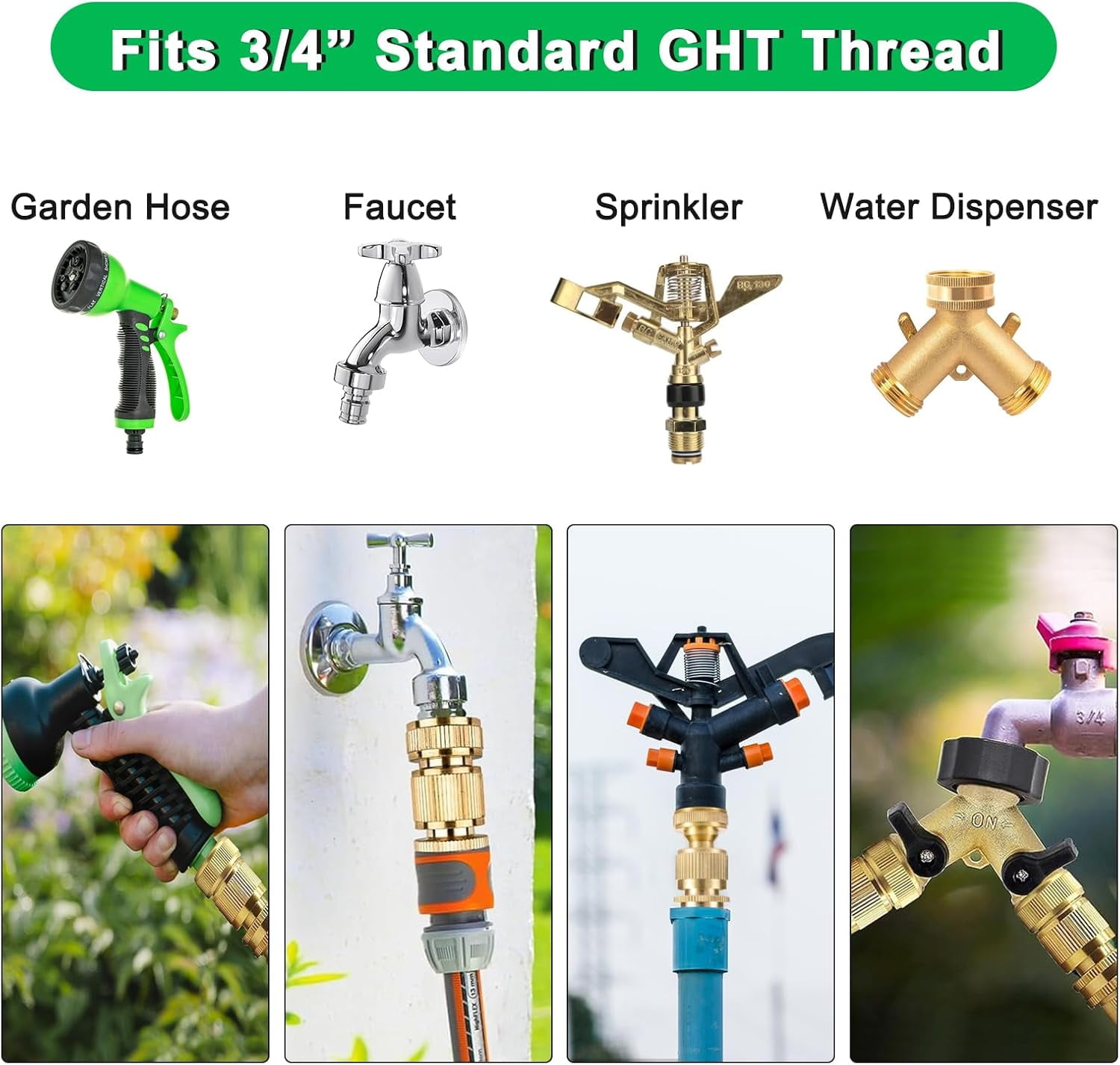 HRTGFD-Garden Hose Quick Connect 3/4" GHT Leak-Proof Solid Brass Hose Connector for RV Sprinklers (2 Pack)