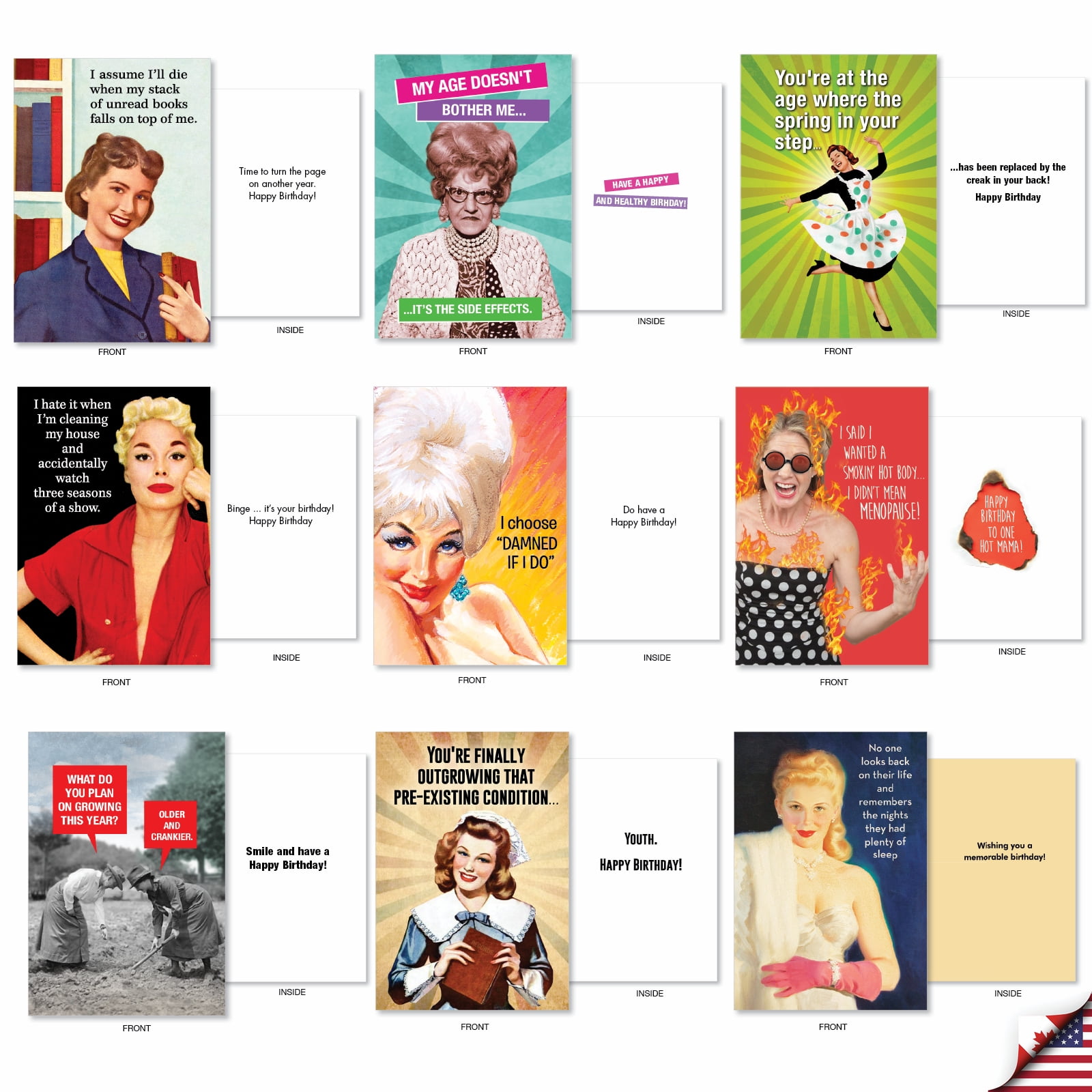 NobleWorks 36 Assorted Box Set Funny Birthday Greeting Cards w/5 x 7 Inch Envelopes (36 Designs, 1 Each) Bday Retro Revelry AC7740BDG-B1x36