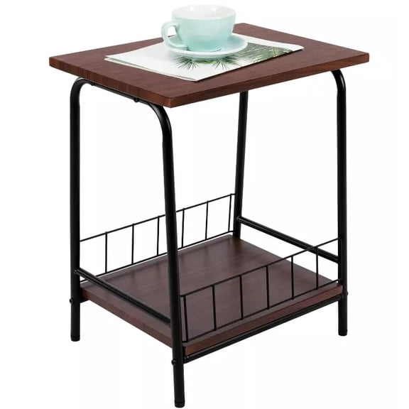Industrial Retro End Table, Side Table with Basket Storage, 2-Tier Narrow Nightstand  for Small Spaces, Living Room, Bedroom