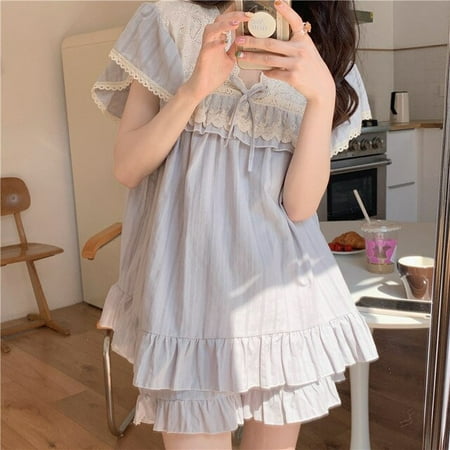 

CoCopeaunt Summer Lace 100% Cotton Pajama Set Women Home Suit Short Sleeve Princess Sleepwear Shorts Nightwear Ladies Pijamas Soft