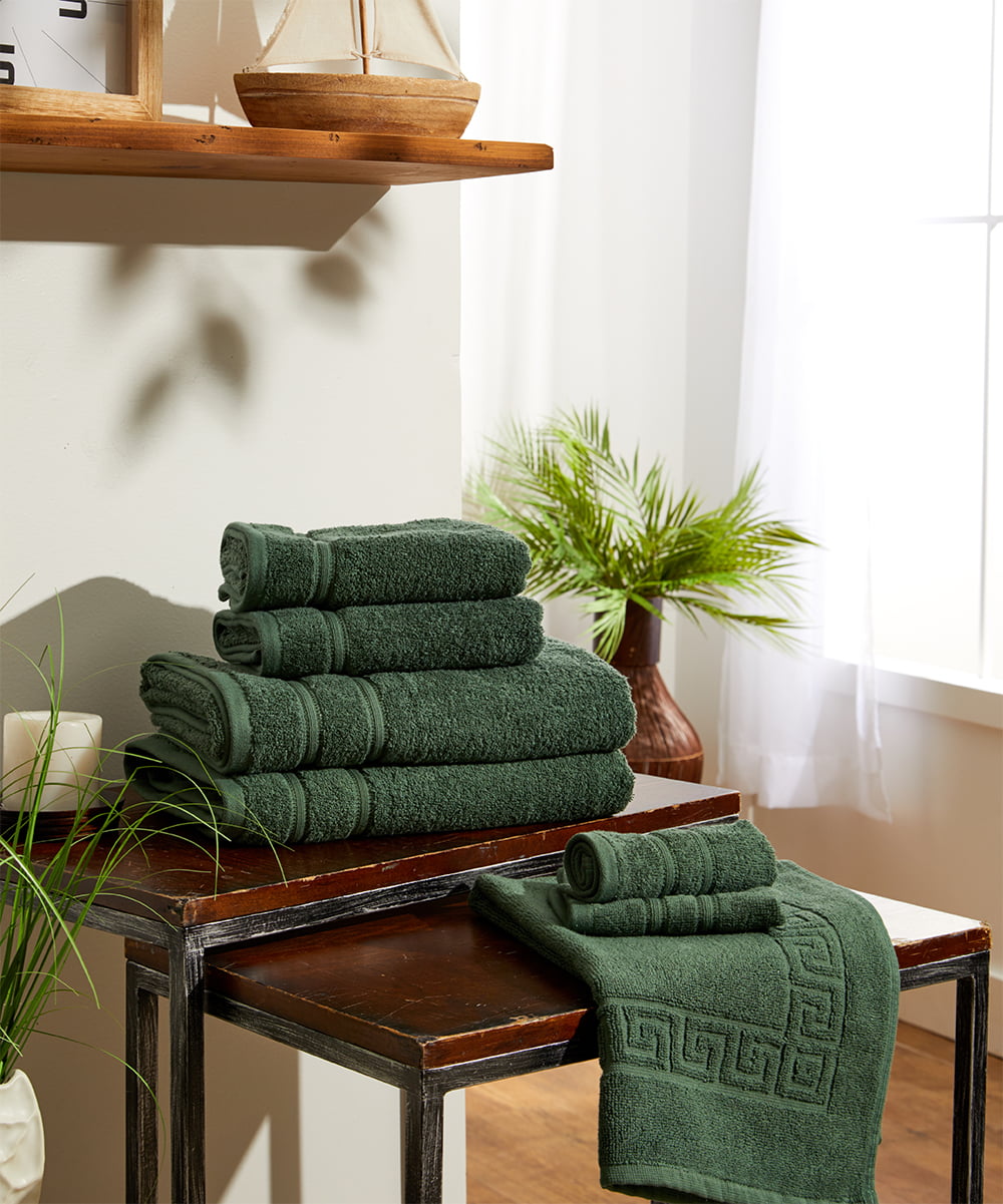 6 Piece Bath Towel Set Plus Mat, Dark Green Bathroom Towel Sets