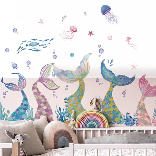 Adhesivos de pared con forma de cola de sirena, colorida decoración submarina,
