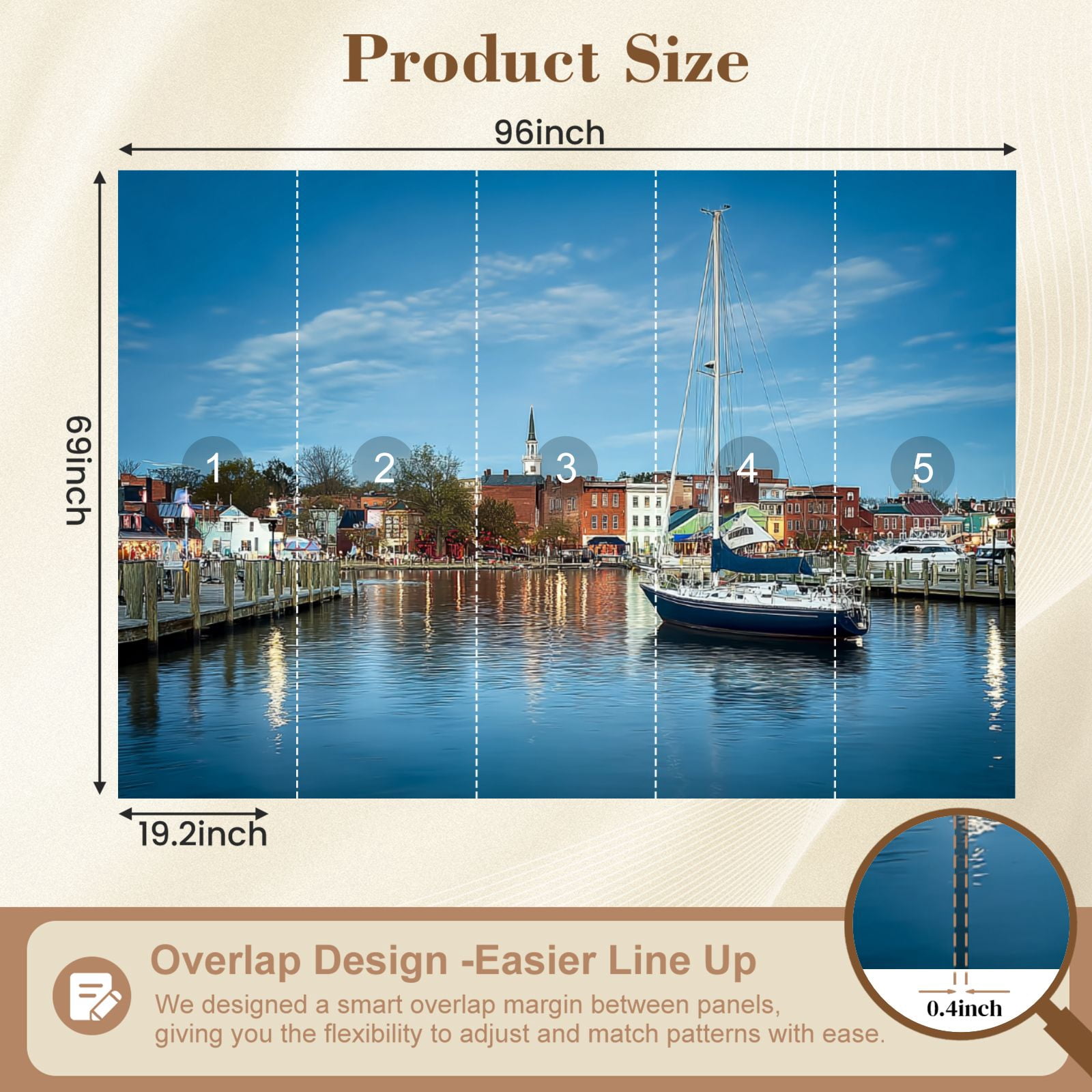 Wallpaper View boats by Annapolis Harbor city Peel and Stick Wall Murals 69"H x 96"W Removable PVC Wall Paper Self-Adhesive Wall Paintings Art Decor for Bedroom Living Room