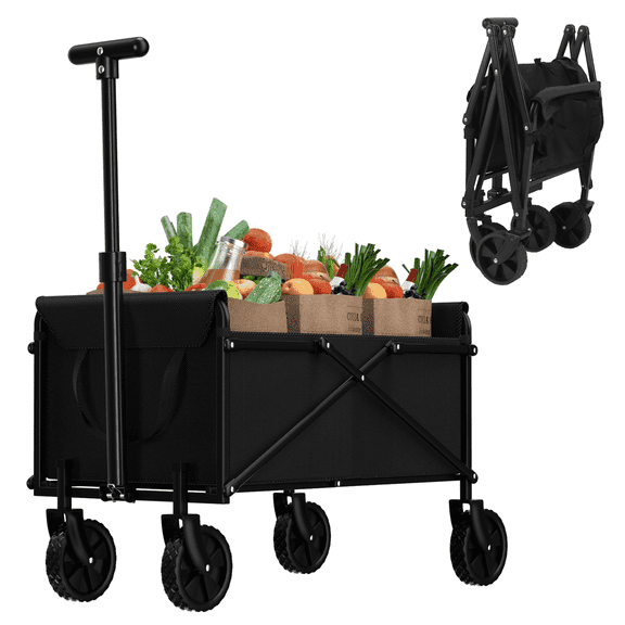 OYEAL Foldable Wagon Cart Heavy Duty Beach Wagon with 200lbs Weight Capacity, Black Garden Carts And Wagons with Big All-Terrain Wheels