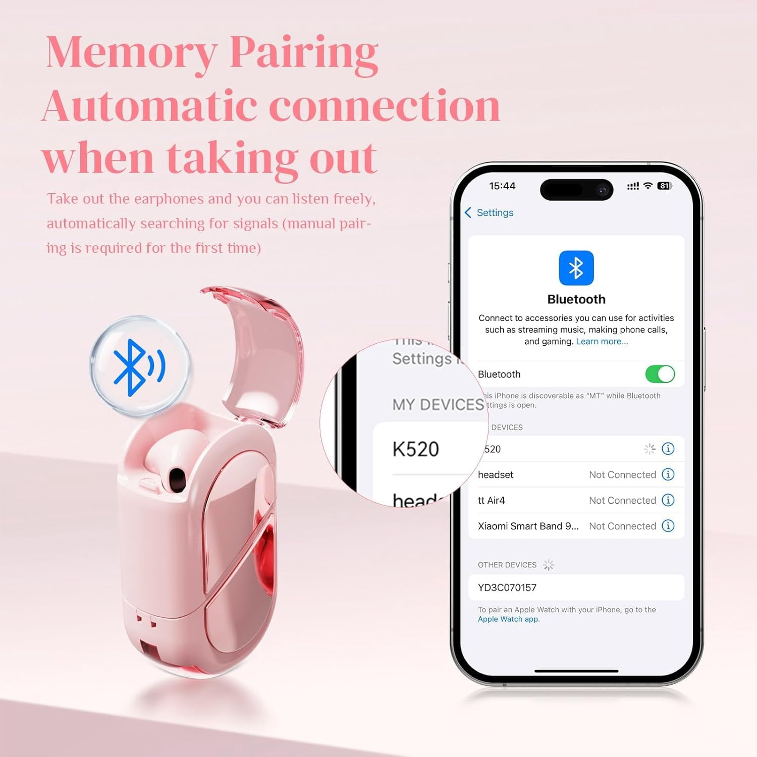 Pink Heart Wireless Earbuds for Girls Kids, Cute Small Mini Tiny Invisible Earbuds Wireless Bluetooth for Small Ears Canals Women Rose Gold Kawai Blue Tooth Ear Buds for iPhone Android, Pink