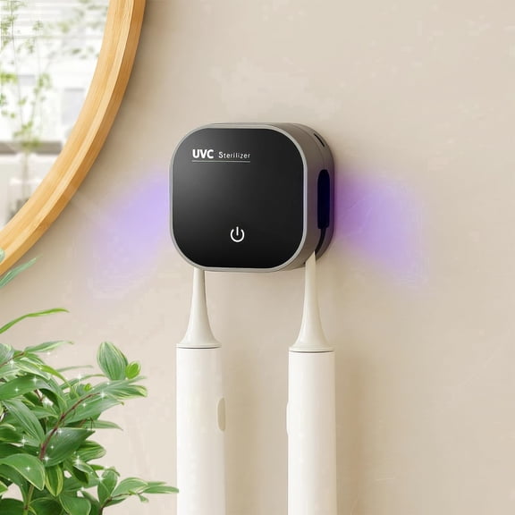 Smart Wall Mounted Electric Toothbrush Holder with UV Cleaning & Drying – Mini Bathroom Storage for 2 Brush Heads, USB Charging, Black