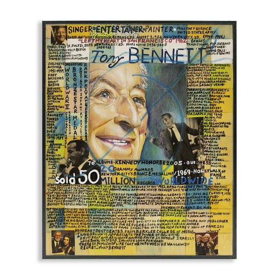 Stupell Industries Tony Bennett Collage People Drawing Black Framed Art Print Wall Art, 11 x 14