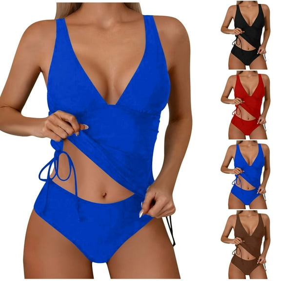 Summer Akafmk Tankini Swimsuits for Women Two Piece Bathing Suits Fashion Solid Color Swim Tops with Swim Brief Comfortable Athletic Swimwear,Sizes S-XL