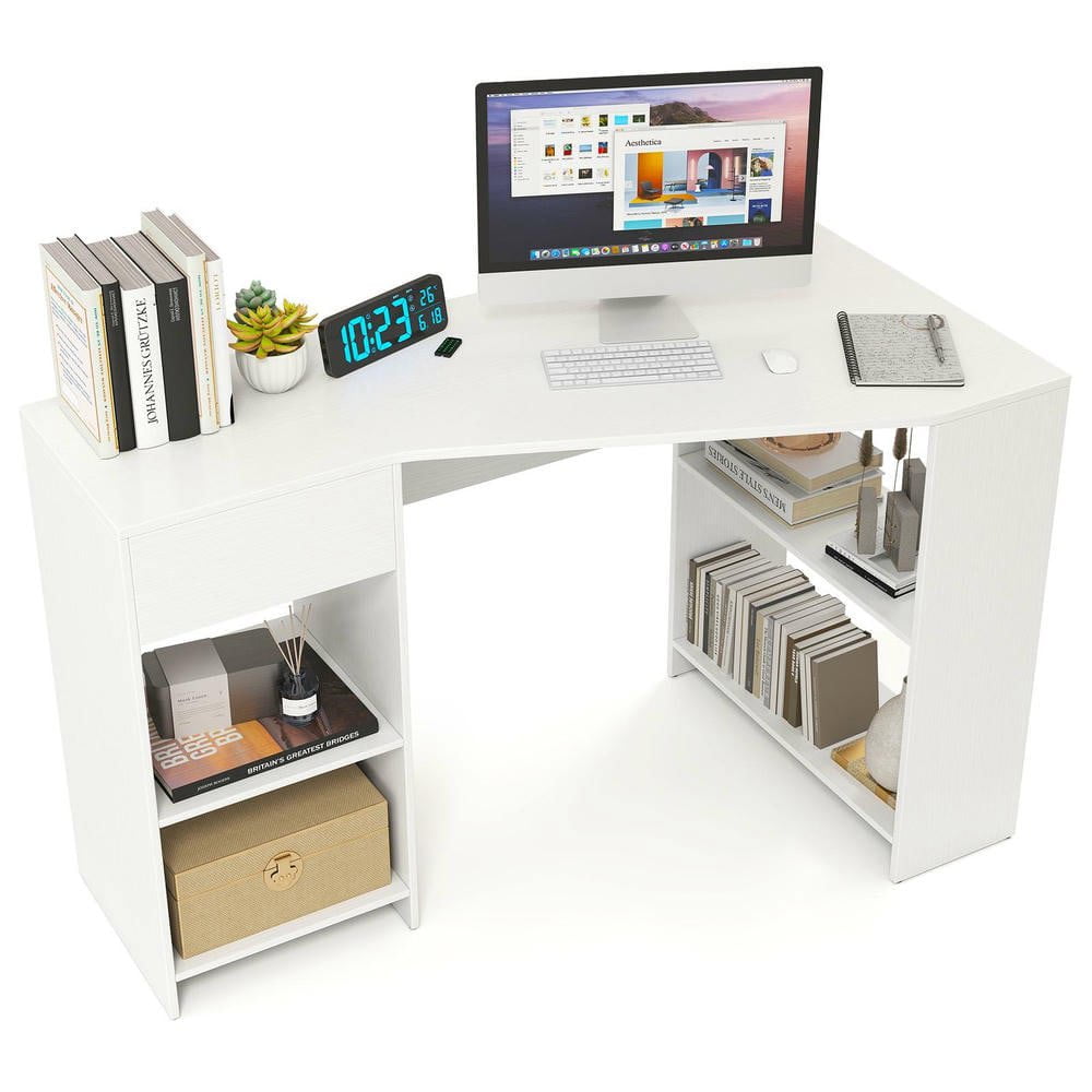 Resenkos 48-Inch L-Shaped Corner Executive Computer Desk with Built-In Storage Drawer - White