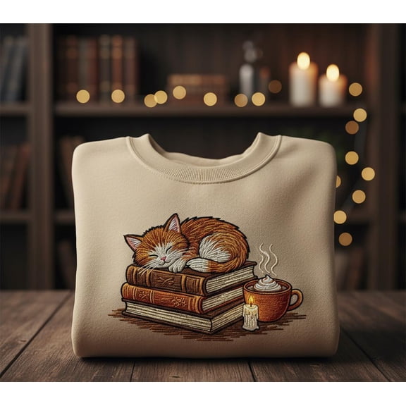 Sleeping Cat on Books Embroidered Sweatshirt – Cozy Reading and Coffee Design, Book Lover Gift, Fall Aesthetic Crewneck for Cat Moms