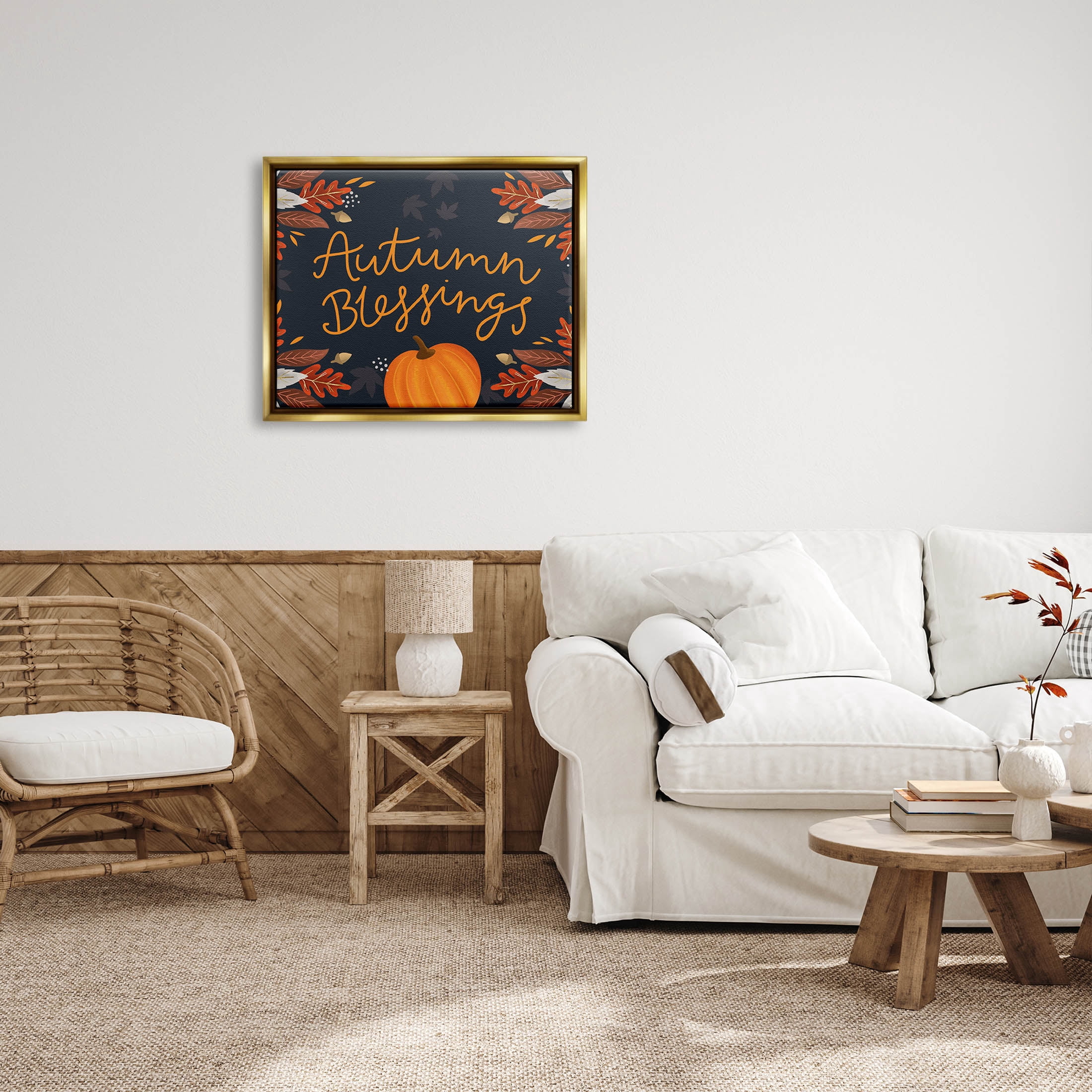 Autumn Blessings Fall Leaves Pumpkin Holiday Graphic Art Metallic Gold Framed Art Print Wall Art