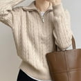 thumbnail image 2 of Women's Sweaters Womens Fall Tops Notched Collar Zip Front Knit Sweater Pullover Long Sleeve Casual Loose Fit Solid Color Top for Autumn Winter, 2 of 6