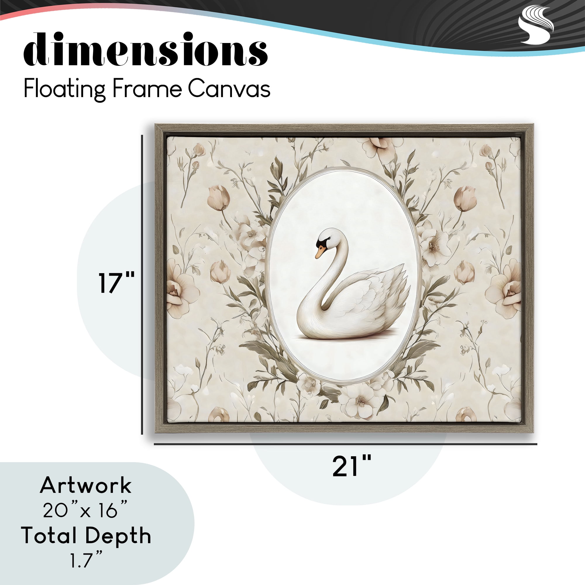 Stupell Industries Swan Vignette in Floral Border Brown Framed Floater Canvas Wall Art, design by Arlington Prints