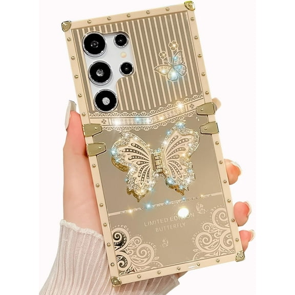 Samsung Galaxy S24 Ultra Case Cute, Luxury Bling Butterfly Design with Foldable Stand Kickstand for Women & Girls, Glossy Mirror Shockproof Protective Case 6.8”(Gold)