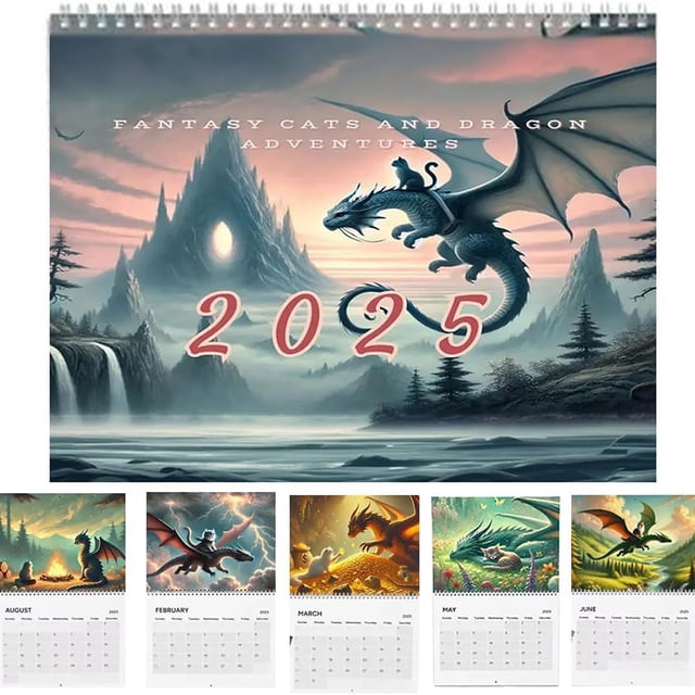 Calendario Arte Fantasy Cat Dragon Calendar 2025 para Casa Y Oficina