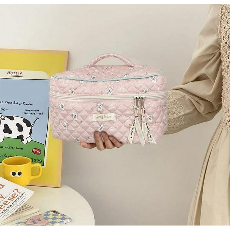 Pink Floral Makeup Bag, Cute Makeup Bag, Travel Bag Woman, Quilted Cotton  Cosmetic Bag 