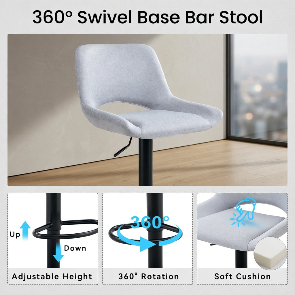 Hommoo 2-Pack Modern Swivel Bar Stools, Adjustable Height, Linen & Black Metal, 360° Rotation, 250 lb Capacity, for Kitchen Island & Home Bar, Light Gray