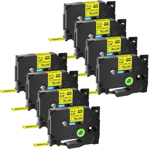 GREENCYCLE 8PK Compatible for Brother P-touch HSE-631 HS-631 HSe631 HS631 11.7mm 0.46" Black on Yellow Heat-shrink Label Tape