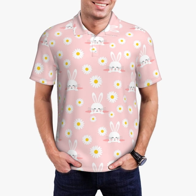 Balery Rabbit Sunflower Camisa Polo de Hombre con Estampado, de Manga Corta y Tejido Medio, Camisa Tipo Golf Polo-Large