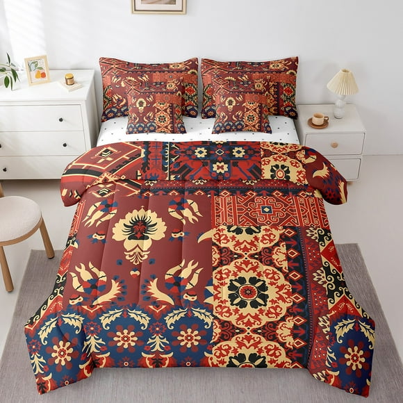 YST Damask Arabesque Bedding Set King 7 Piece Vintage Floral Comforter Set Colorful Damask Bed In A Bag With Sheets Abstract Geometric Reversible Bed Set