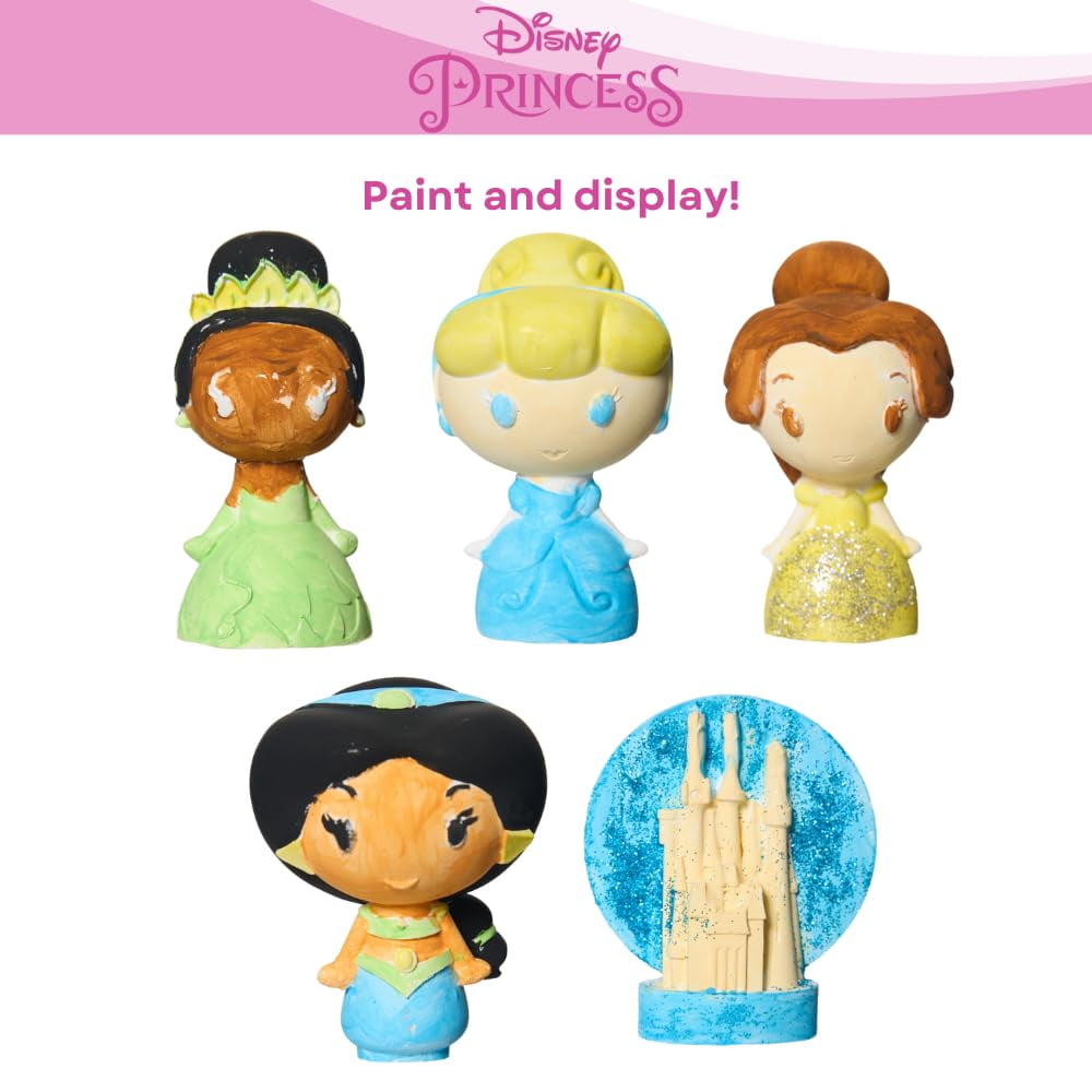 Disney Princess DIY Paint Your Own Figurines Arts and Crafts Set for Girls, Paint, Paint Brush, and Glitter – Cinderella, Belle, Tiana, Jasmine, and Princess Castle