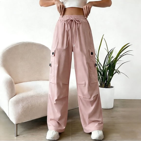 Cagogo Women's High Waisted Wide Leg Cargo Pants with Pockets Solid Casual Streetwear Long Pants Drawstring Loose Fit Trousers for Vacation Travel Beach Work, Pink L