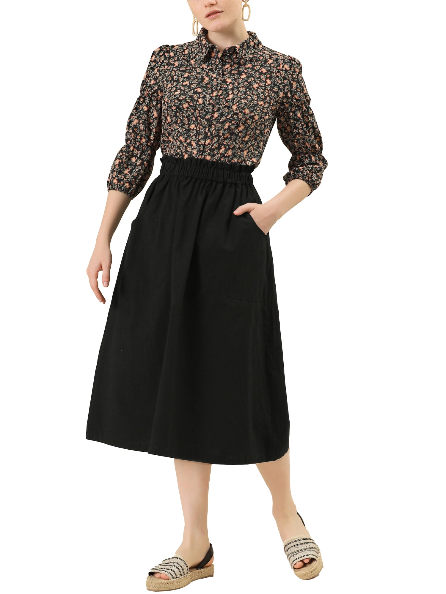 DARING DIVA Women's Cotton A-Line Midi Skirt with Pockets XS Black