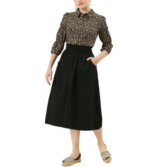 MODA NOVA Junior's Elastic Waist Ruffle A-Line Midi Skirt with Pockets Black 3