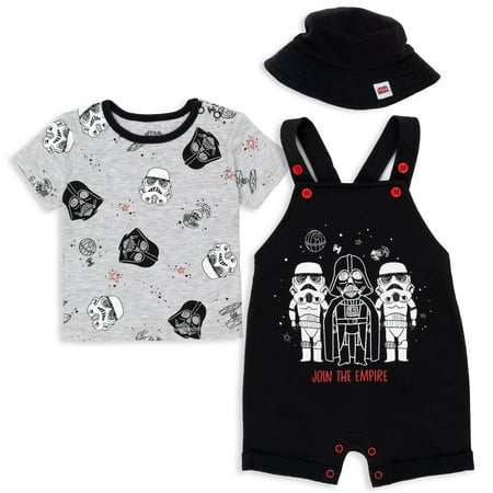 

Star Wars Stormtrooper Darth Vader Infant Baby Boys French Terry Short Overalls Graphic T-Shirt and Hat 3 Piece Outfit Set Black 6-9 Months