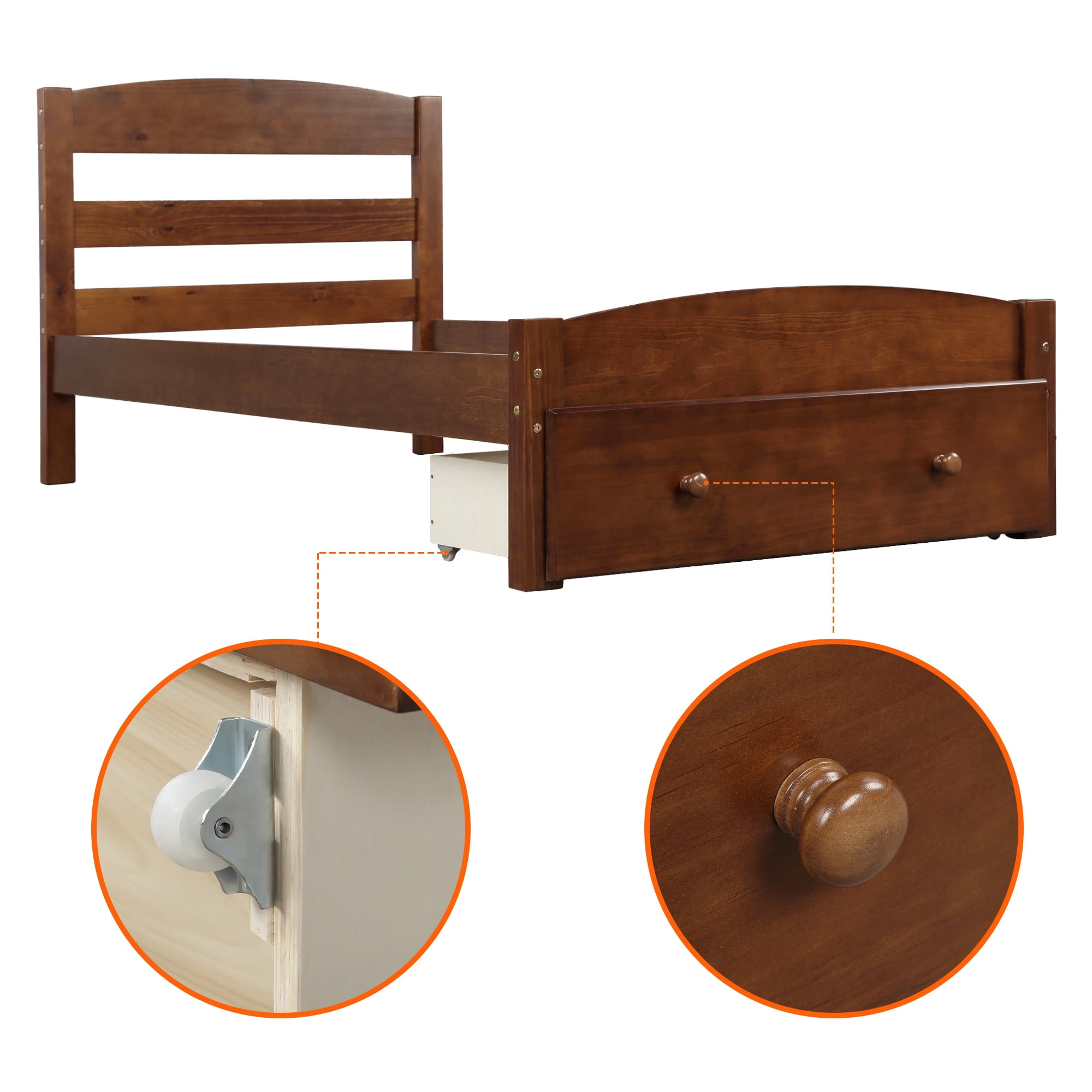 Gewnee Twin Size Wood Platform Bed Frame with Headboard and Big Storage Drawer for Kids,Walnut