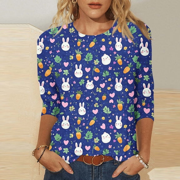 Odbmxy 3/4 Sleeve Easter Womens Tops Holiday Womens Plus Size Tee Shirts Loose Blue Cute Summer Leisure Print Shirts