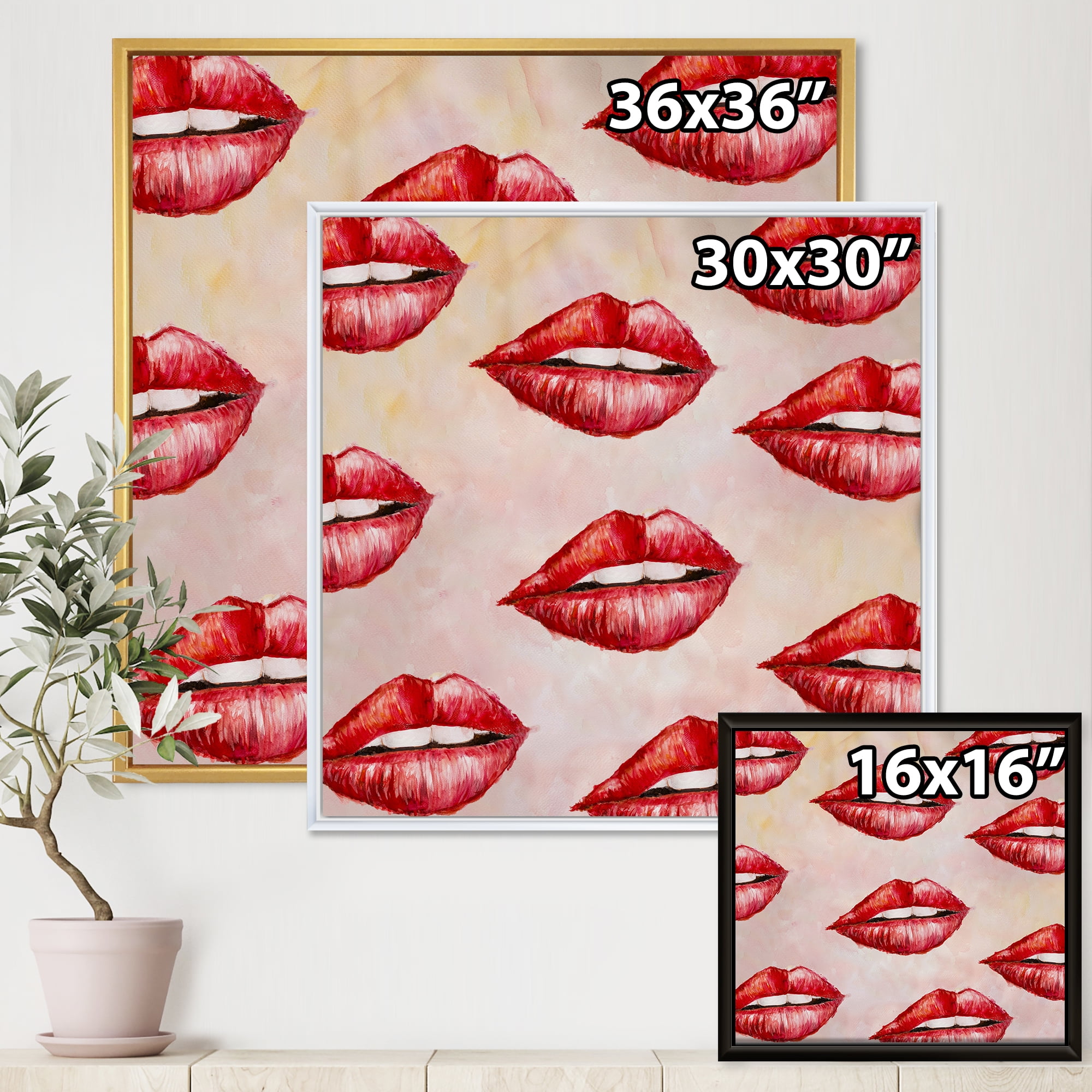 Red Girl Lips Pattern 16 in x 16 in Framed Painting Canvas Art Print, by Designart