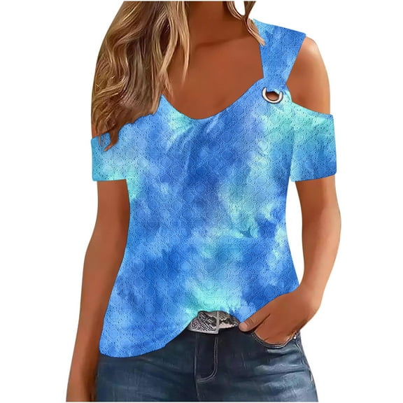 Women's Eyelet Cold Shoulder Tops Short Sleeve V Neck Polka Dots Print Elegant Casual Dressy Tees Blouses (XL, Blue|Tie-dye)