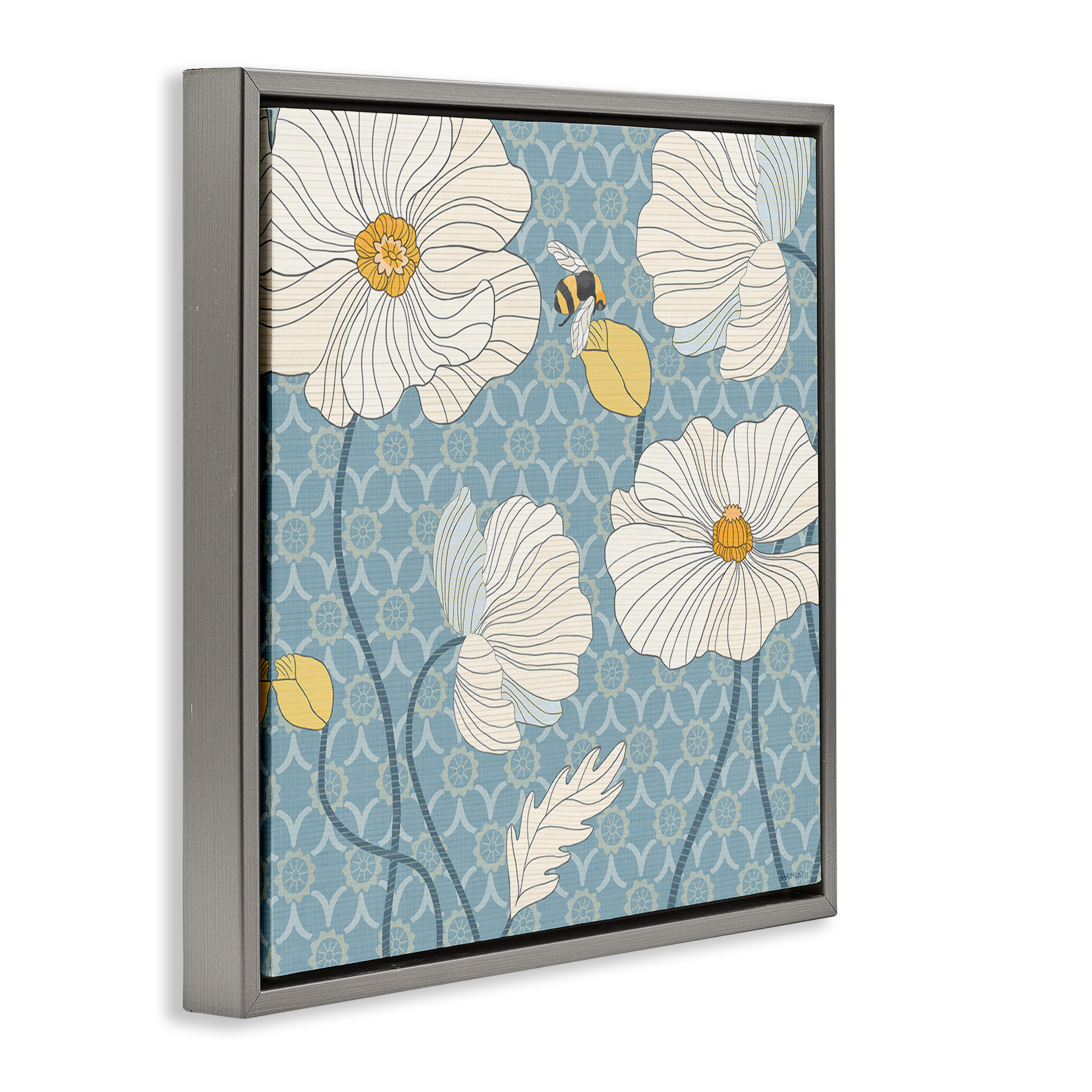 Stupell Industries Wild Poppies & Bee Botanical & Floral Painting Gray Floater Framed Canvas Art Print Wall Art, 18 x 18